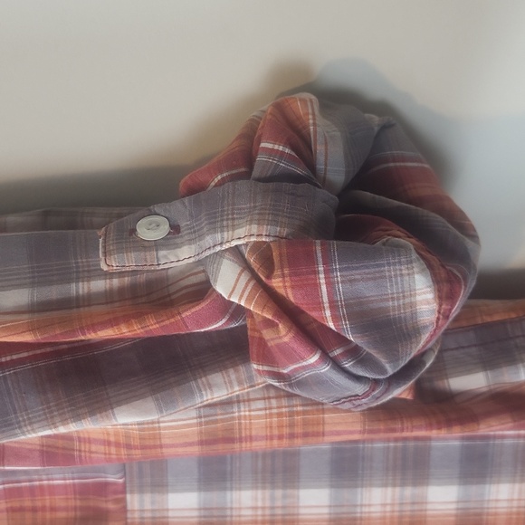 JEANSWEST Orange Red Gray Plaid Pearl Snap Pocket Roll-Tab Western Shirt - Picture 5 of 15